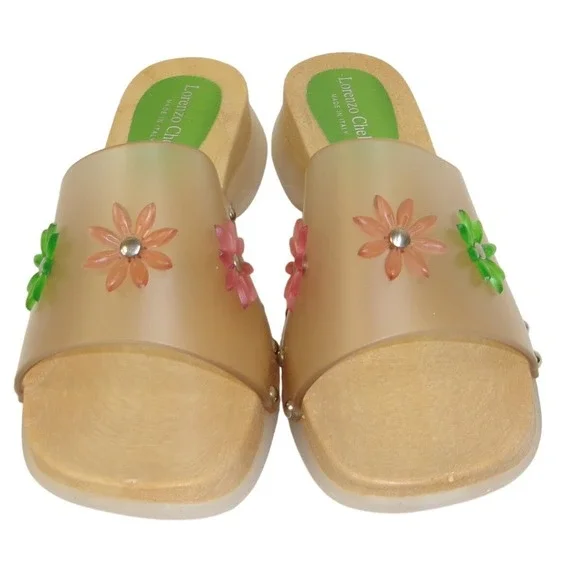 Lorenzo Chelini Italy Floral Translucent Wooden Wedge Slide Sandals NOS 7 - Picture 2 of 5